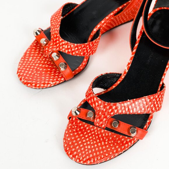 Balenciaga Orange Snakeskin-Embossed Studded Wedge Sandals - Picture 6 of 11